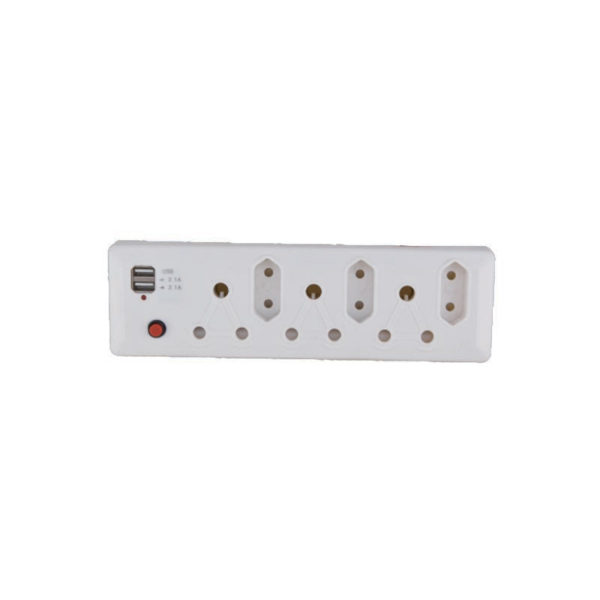 Ausma 6-Way Multi Wall Plug Adaptor – 3×16A 3-Pin + 2×USB (2.1A)