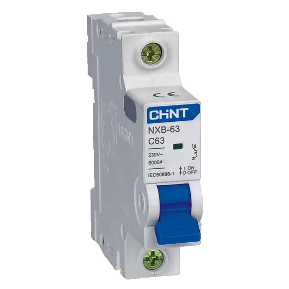 Chint 63A 1-Pole C-Curve 6kA miniature circuit breaker for electrical circuit protection.