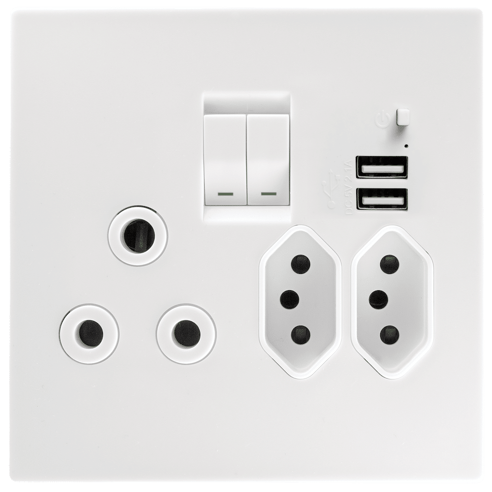 Crabtree Topaz Combo SSO – 1×16A RSA + 2×16A V‑Slim + 2×USB 2100 mA, 4×4 White