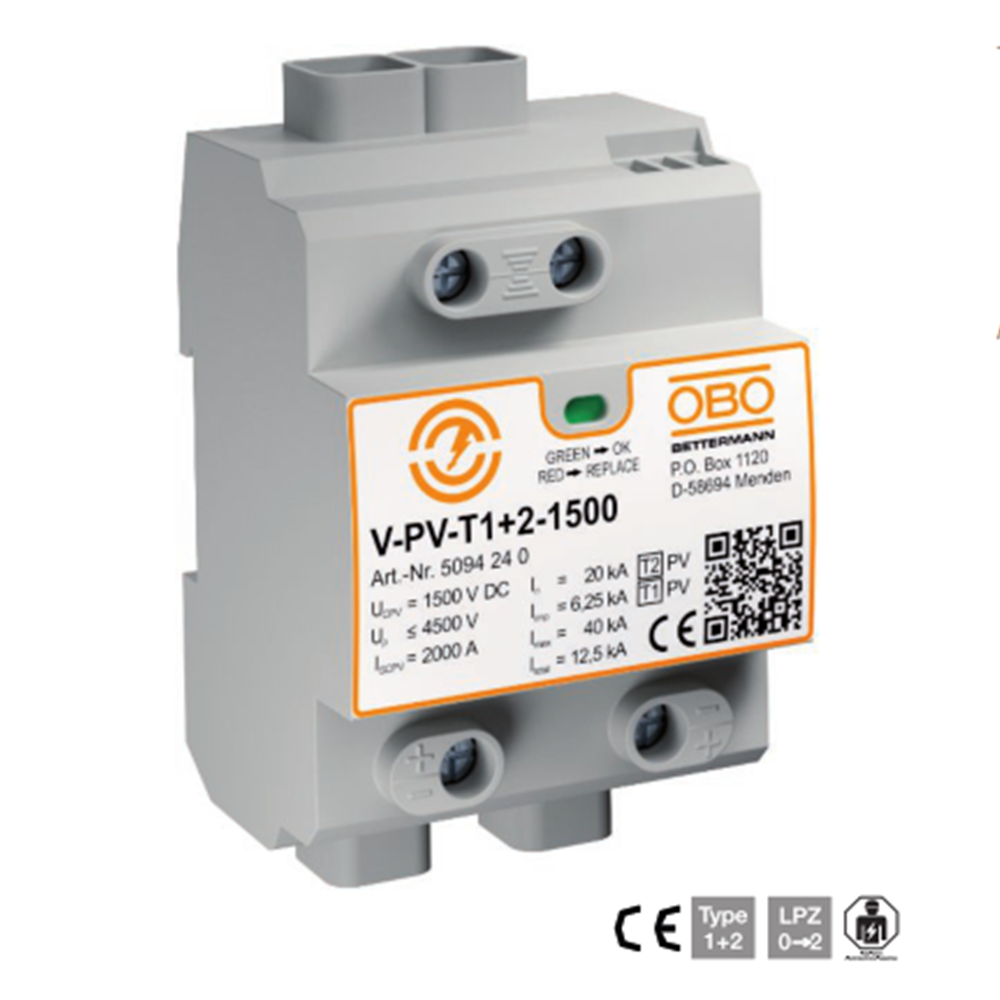 OBO PV Surge and Lightning Arrestor 2P 1500V DC Type 1+2 40kA