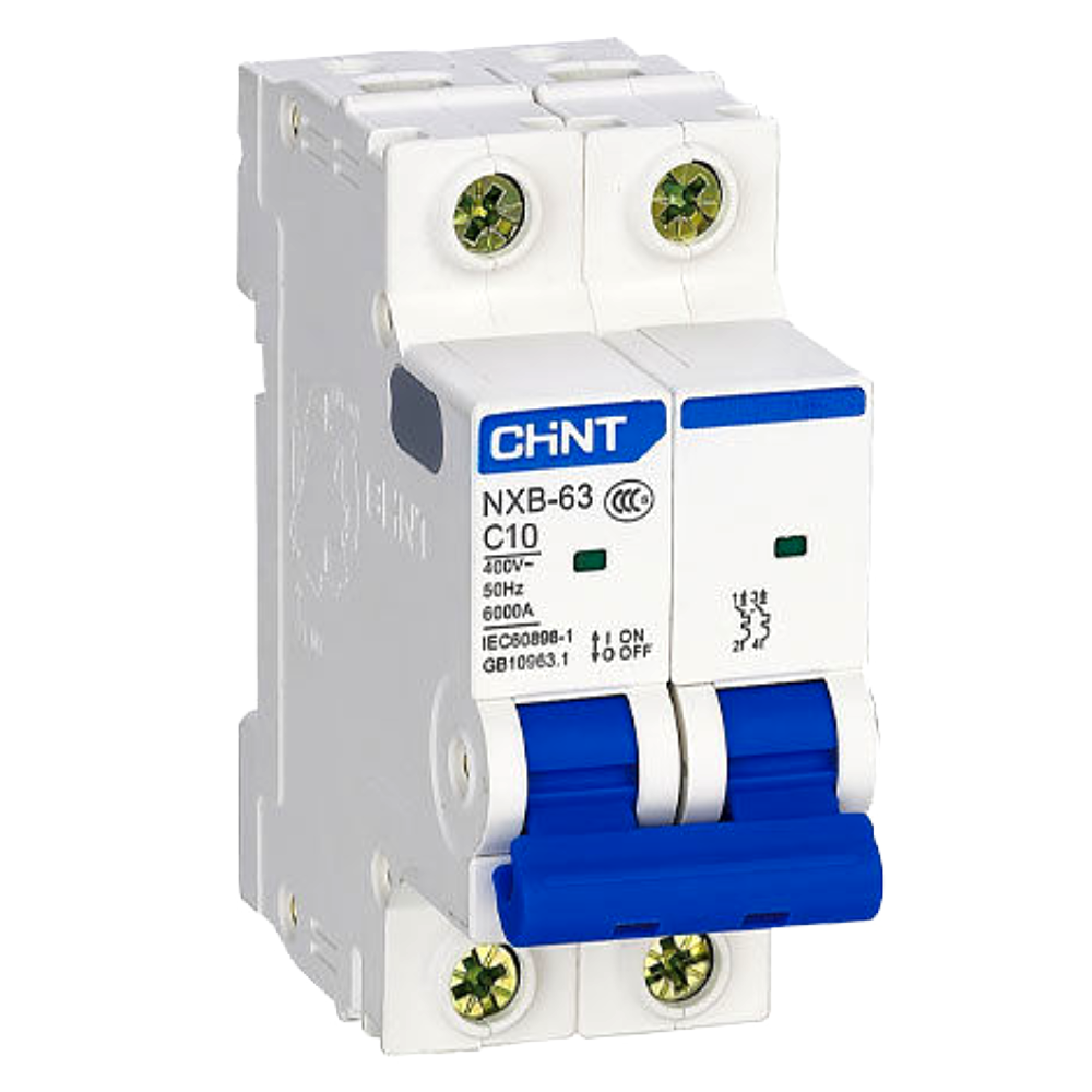 Chint 10A 2-Pole C-Curve 6kA miniature circuit breaker for electrical circuit protection.