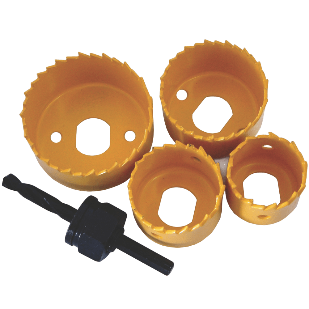 Tork Craft Hole Saw Set 5PCE Carbon Steel Wood (32, 38, 44, 54mm) + Mandrel