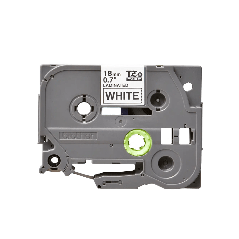 Brother 18mm Laminated Label Tape – Black Text on White Background, 8m Roll, Outdoor Durable