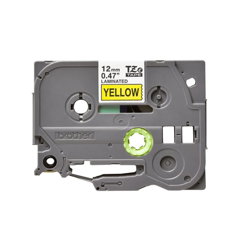 Brother 12mm Laminated Label Tape – Black Text on Yellow Background, 8m Roll, Outdoor Durable