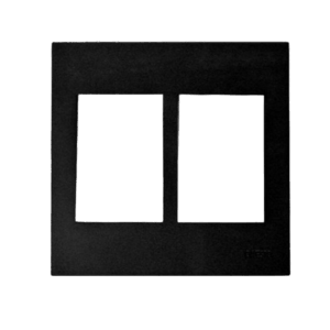 Matrix black 4X4 cover plate and yoke designed for two lever switch modules in a 1+1 modular configuration.